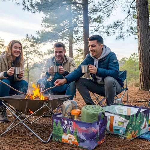 Breling 4 Pcs Camping Storage Baskets with Handles Black Night Camping Laundry Hamper Large Collapsible Bonfire Woodland Theme Baskets Storage Bins Boxes for Outdoor Lake Camp, 15 x 10 x 8 Inch