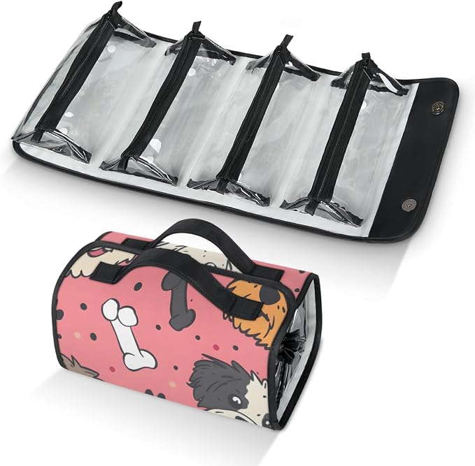 Cute Dog Makeup Bag for Women Hanging Roll-Up Travel Organizer Toiletry Kit with 4 Removable Compartments, Dog Paw