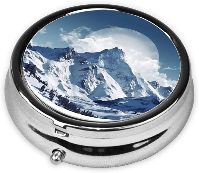 Round Pill Box Snow Mountain Pill Case for Purse & Pocket 3 Compartment Pill Organizer Portable Travel Pillbox Medicine Pill Holder Container for Daily Vitamin Cod Liver Oil Storage