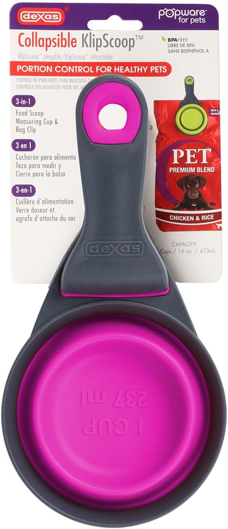 Dexas Popware for Pets Collapsible Klip Scoop, 3-in-1 Pet Food Scoop, Measuring Cup and Bag Clip, 1 Cup Capacity, Fuchsia
