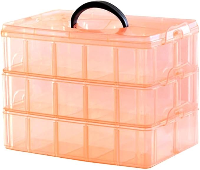 Kamay's Extra Large 3 Tier Stackable Adjustable Compartment Slot Bead Craft Jewellery Tool Storage Organiser, with 30 Compartments, Container Box, Orange