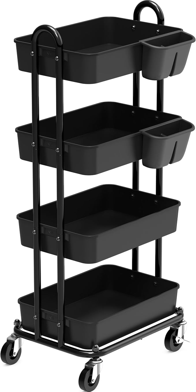 Simple Houseware 4-Tier Rolling Utility Cart with Hanging Bucket, Black | Storage for Bathroom, Kitchen, Office, Study Room, Nursery Diaper