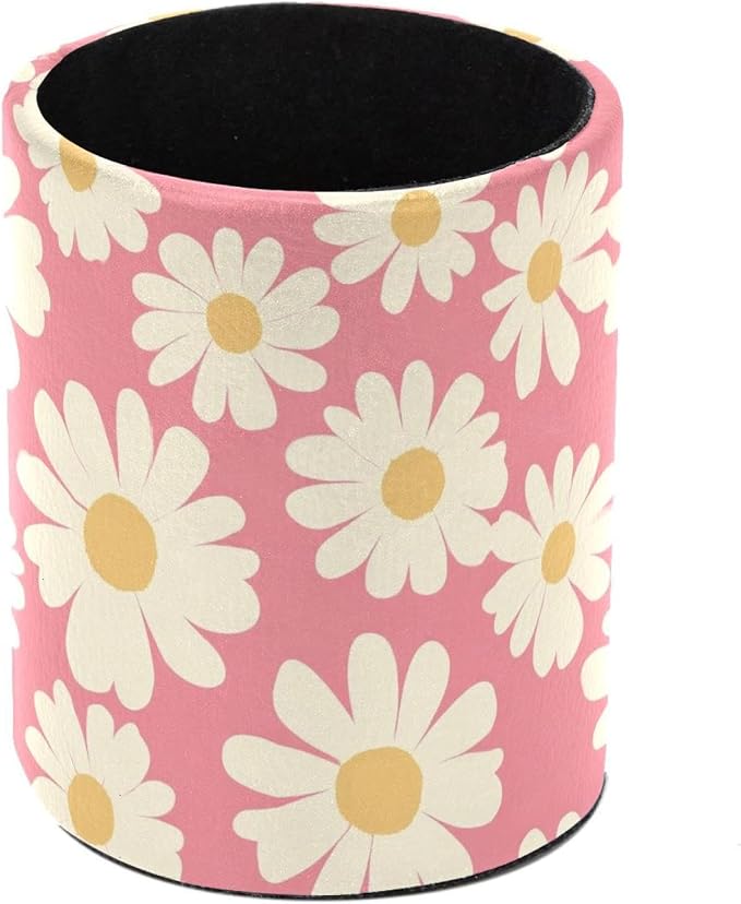 Faux Leather Pen Holder for Desk, Pencil Organizer Pink Daisy Pen Cup Desk Decor Makeup Brush Holder Storage for Office Home