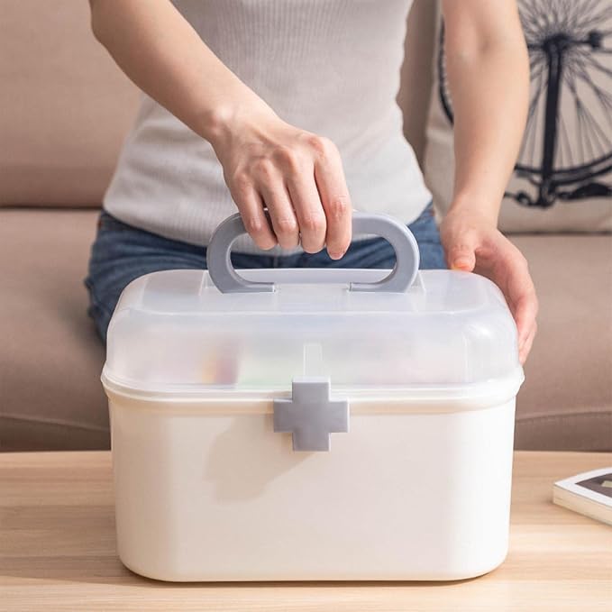 Portable First Aid Carrying Case Organizer Bin Medicine Storage Box with Organizing Holder with Handle Stationery, Clear, 21.2x12x12.5CM