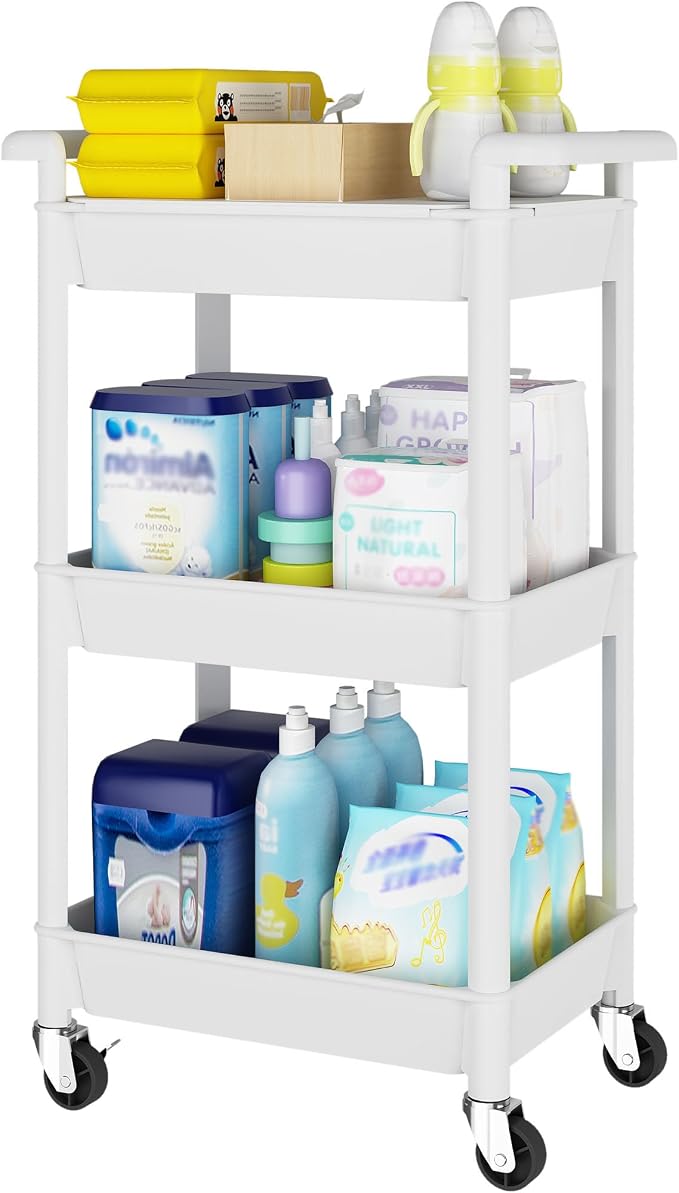 Steehoom 3-Tier Utility Rolling Cart with Cover Top Board, Mobile Utility Cart with Lockable Casters Multi-Functional Storage Trolley for Office, Bathroom, Kitchen, Garden, Laundry Room (White)