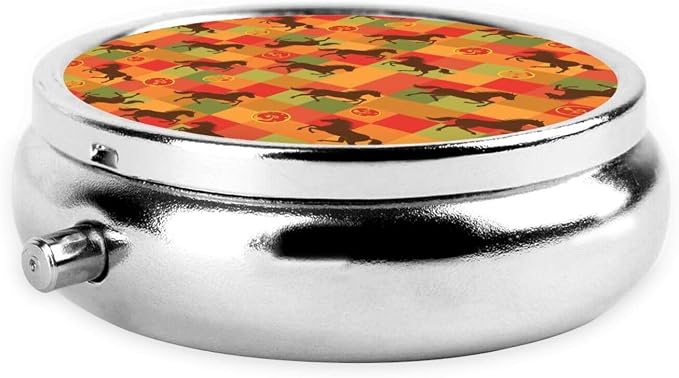Round Pill Holder, Waterproof Organizer Case, Compact Travel Pill Box for Vitamins, Pocket Purse Use for Seniors, Horse Red Plaid