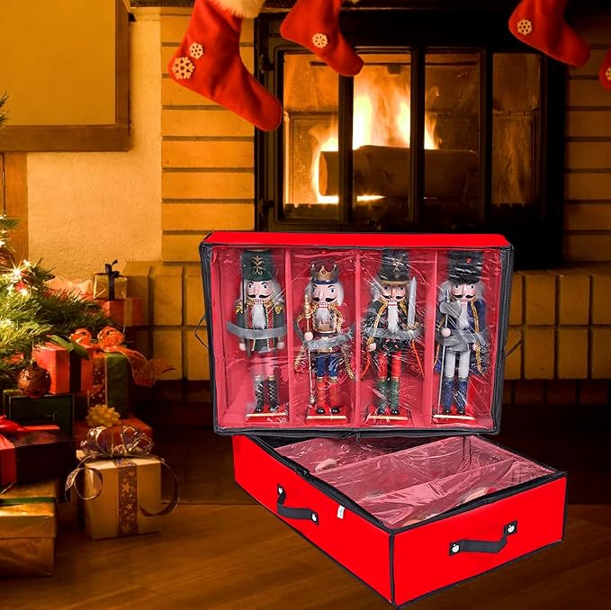 2 Pack Christmas Figures Storage Box | Each Holds 4 Holiday Figurines up to 16” | Adjustable Nutcracker Decor Ornament Storage Container | Xmas Decorations Accessories Boxes (Red)