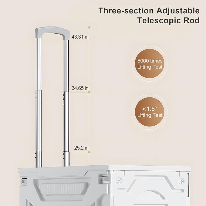 VECELO 66L Heavy-Duty 2-in-1 Foldable Utility Cart, Large Capacity Rolling Crate, Thickened Material with Silent Swivel Wheels, Dual Modes (Basket/Flatbed) for Grocery, Laundry, Camping, White