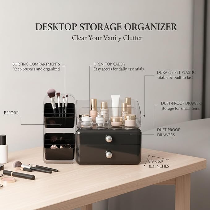 Desktop Storage Organizer with Compartments, PET Plastic Caddy for Office Supplies and Vanity Accessories, Open-Top Unit (1 PC)