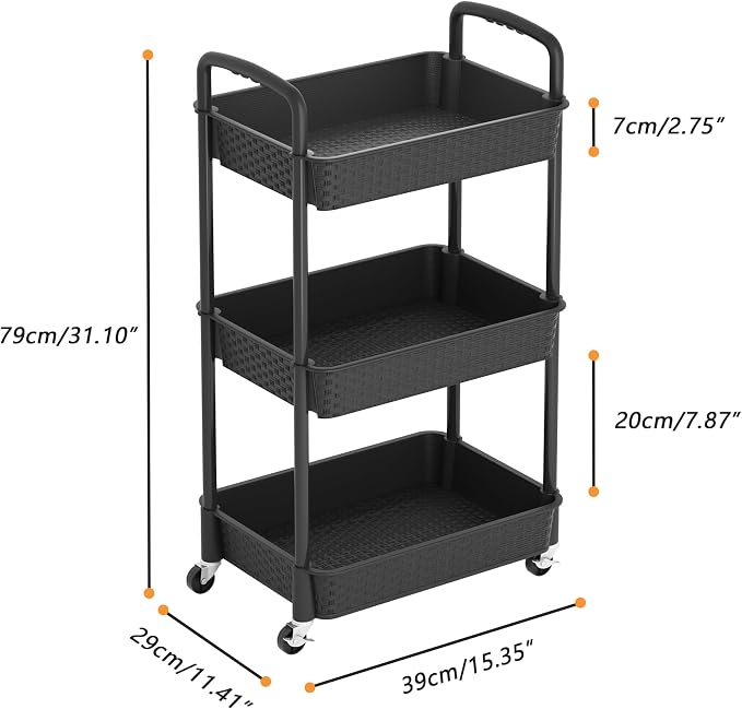 MOYIPIN 3-Tier Plastic Rolling Utility Cart with Handle,Black | Utility Storage Cart for Office, Living Room, Kitchen,Movable Storage Organizer，Easy installation，Rattan-like art design