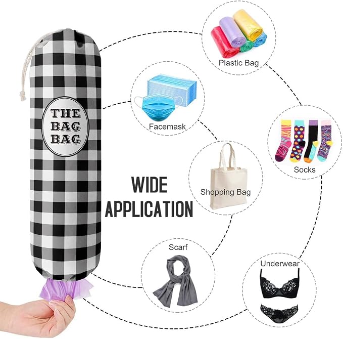 THE BAG BAG Plastic Bag Holder, Black and White Buffalo Check Plaid Grocery Bag Dispenser, Hanging Trash Bag Storage Organizer for Kitchen, Laundry Room, Pantry, Farmhouse Decor, Gifts For Grandma Mom