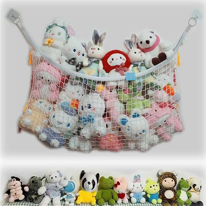 Filled animal net, suitable for flat walls, wall-mounted decorative net bags and storage bags (white). For displaying and storing plush toys and storage mesh bag background wall (1m)