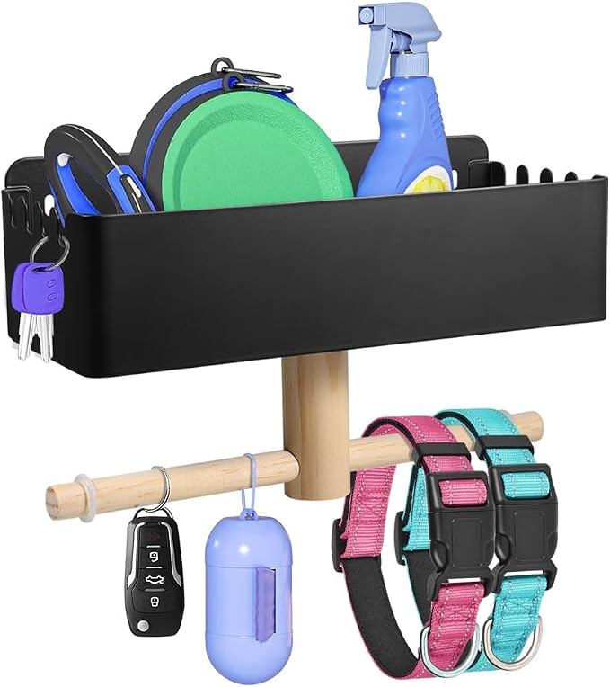 Picowe Dog Leash Holder for Wall, Metal and Wood Dog Leash Hooks, Pet Stuff Storage Shelf Storage for Leashes,Collar, Toys, Treats, Poop Bag (Black)