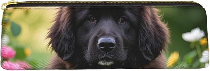 Leather Pen Case with Zipper - Aesthetic Pen Holder Cute Pet Newfoundland Dog Pencil Case for Women & Men - Handcrafted Pencil Bag Multi-Functional Travel Cosmetic Case for Work Office Tool Pouch