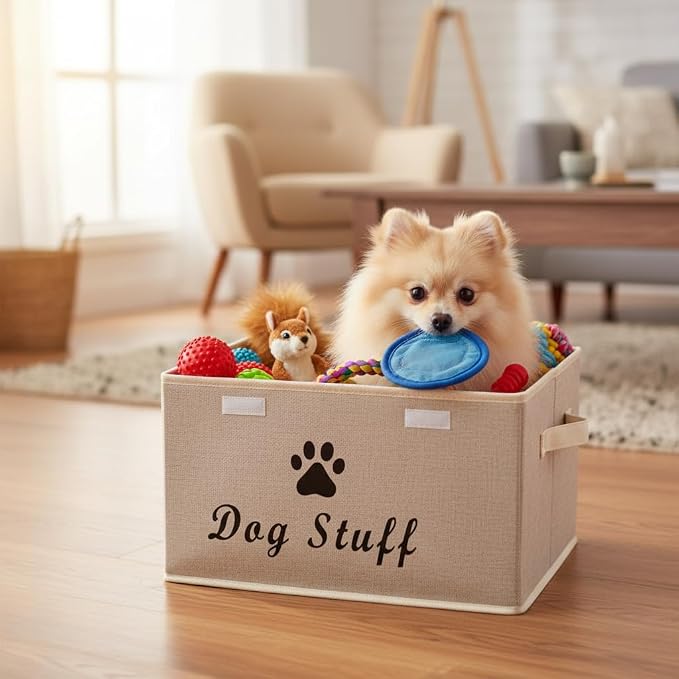 Morezi Dog toy box with lid storage organizer perfect basket for dog toys living room, playroom, closet, home organization and storage - Beige