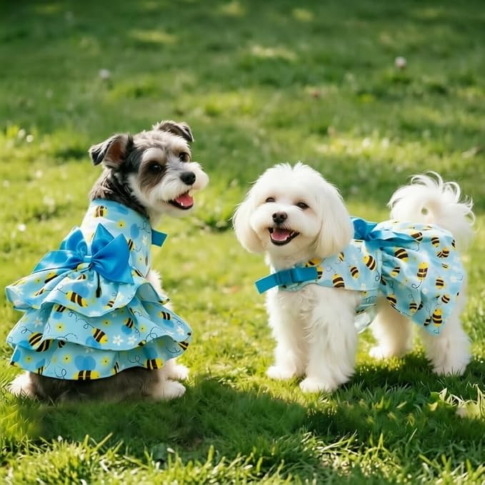 PUPTECK Summer Dog Dress with Bow and Leash Ring, Blue Yellow Bee S | Cute Adorable Breathable Mesh Dog Clothes for Small Medium Dogs Puppy Cats, Pet Outfit Apparel for Birthday Party