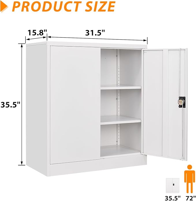 Metal Storage Cabinet, Lockable Storage Cabinet with 2 Doors and Shelves, Metal Cabinet with Lock, Small Lockable for Home Office(White)