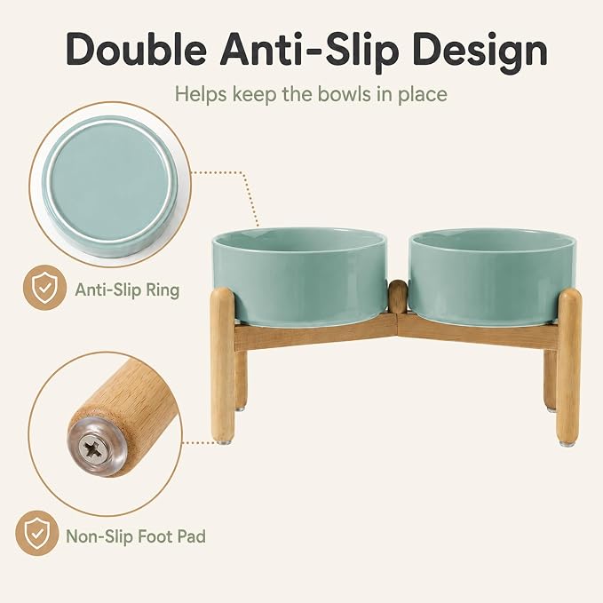 Havniva Ceramic Dog Bowls Elevated, Raised Dog Food Bowl for Medium Dogs | 7.3” Elevated Dog Bowls, Non-Slip Wood Stand, Dog Food and Water Bowl Set, Dog Feeding Dish, Large Capacity Pet Water Bowl