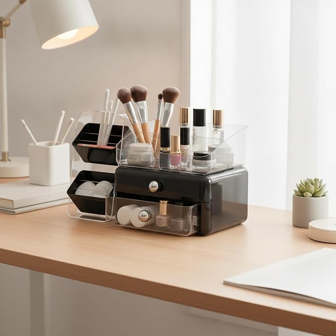 Desktop Storage Organizer with Compartments, PET Plastic Caddy for Office Supplies and Vanity Accessories, Open-Top Unit (1 PC)