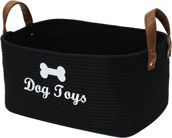 X-Large Cotton Rope Dog Basket with Leather handle Blanket Storage Basket Decorative Clothes Hamper Basket | Extra Large Baskets for Blankets or Laundry-Black