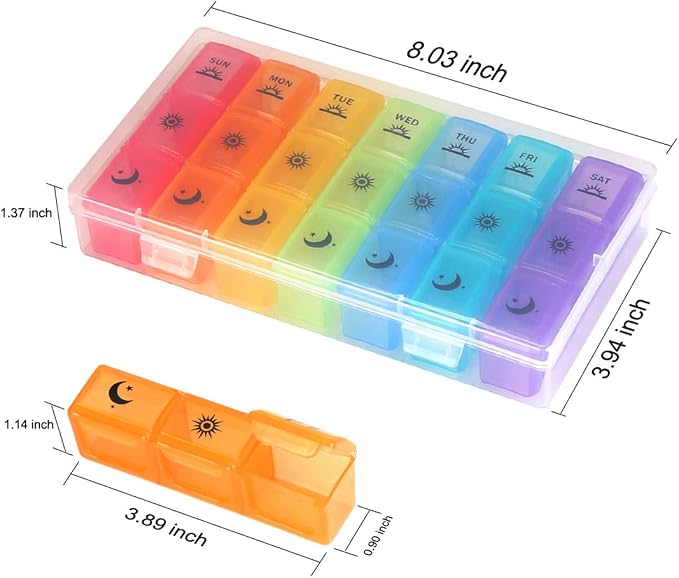 Weekly Pill Organizer,3-Times-A-Day 7 Day Pill Box Large Compartments Moisture-Proof Pill Case Medication Reminder Portable Travel Container for Vitamins Fish Oil Compartments Supplements