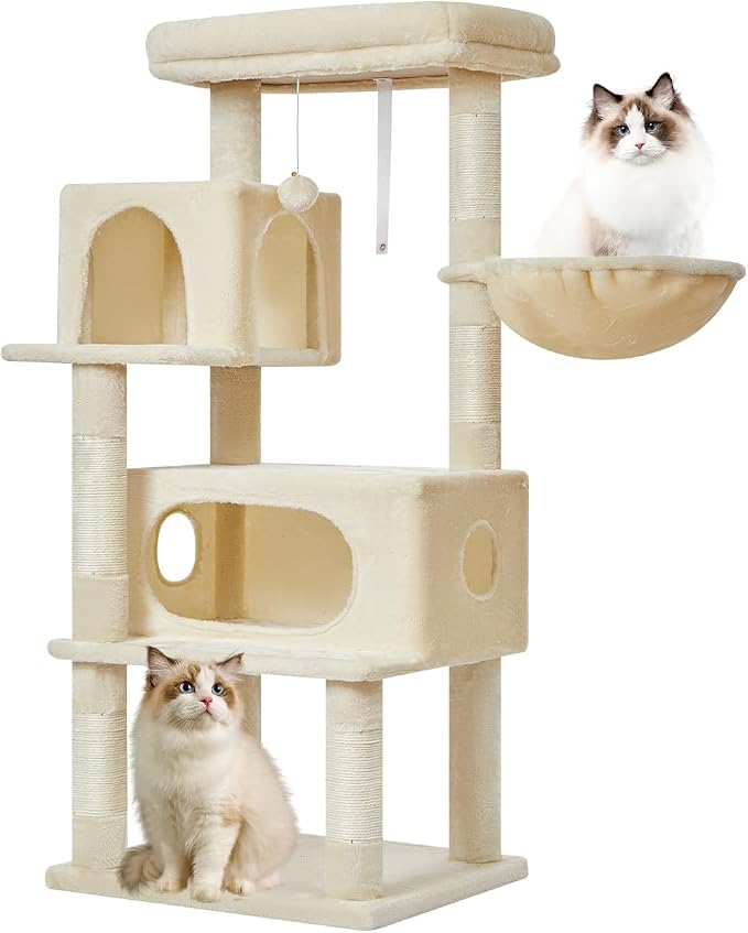 Taoqimiao Cat Tree, 49In Cat Tower for Indoor Cats Large Adult | 2 Luxurious Cat Condos, Thick Padded Top Perch, Adjustable Hanging Baskets, 5 Scratching Sisal Posts, Beige MS029LM