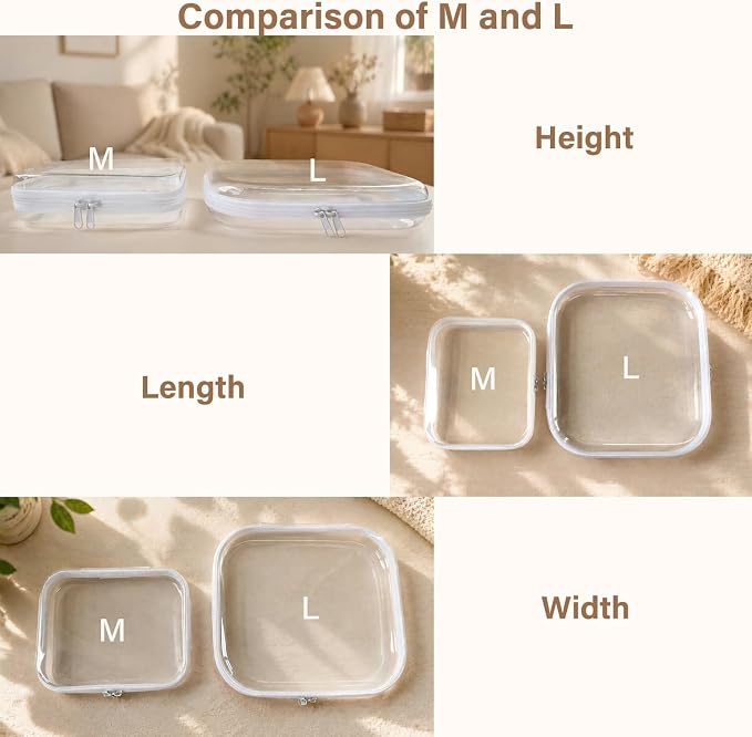 3-PCS Medium Clear Hard Shell Zipper Pouches, Clear Zipper Bags | Ivory Hard Case Pouches for Purse & Diaper Bag Organizer, Travel Essentials, Clear Storage Bags, and Travel Zipper Container