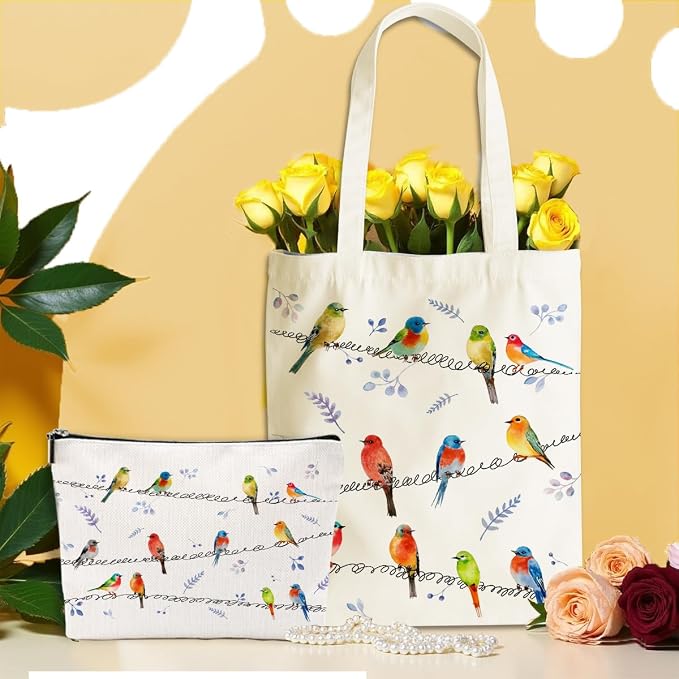 Aesthetic Cute Bird Gifts for Women Bird Lovers Girls Sister Mom Makeup Bag Canvas Tote Bag, Reusable Grocery Bags with Inner Pocket for Beach Gym Work Office Shopping Birthday Christmas Vacation