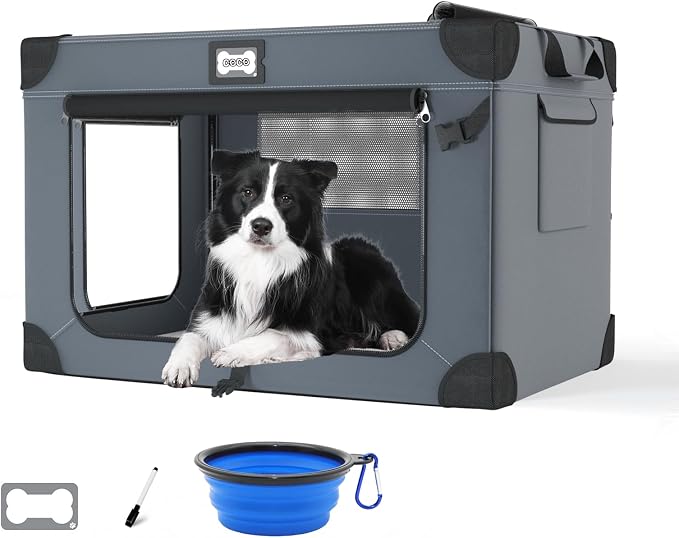 36 Inch Collapsible Soft Dog Crates with 3-Door & Mesh Windows for Travel | Sturdy Metal Frame，Indoor & Outdoor，Soft Blanket and Foldable Bowl,Storage Bag,Signature Card,Waterproof,Portable for Camping