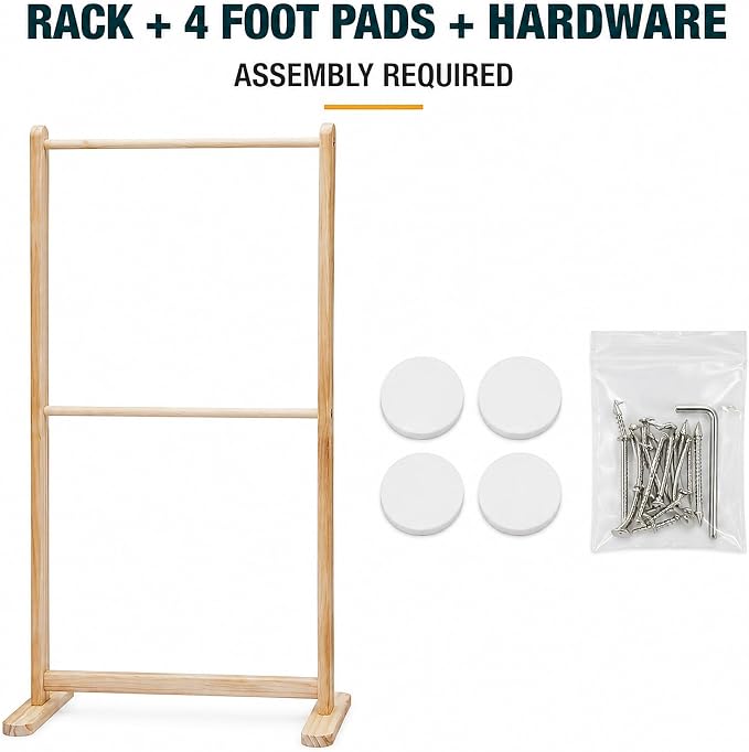 LOYALHEARTDY Wooden Pet Clothes Rack, 2-Tier Garment Display Stand | Three Hanging Rods, Lift-Out Middle Bar, T-Shaped Feet