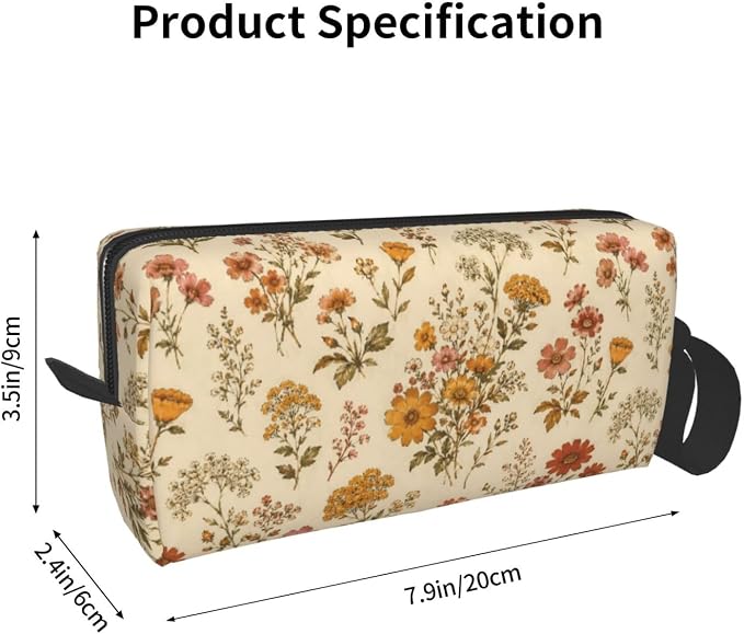 70s Vintage Wildflower Makeup Bag for Women | Small Travel Cosmetic Pouch with Zipper, Compact Makeup Organizer Bag for Purse, Toiletries, Skincare & Daily Essentials