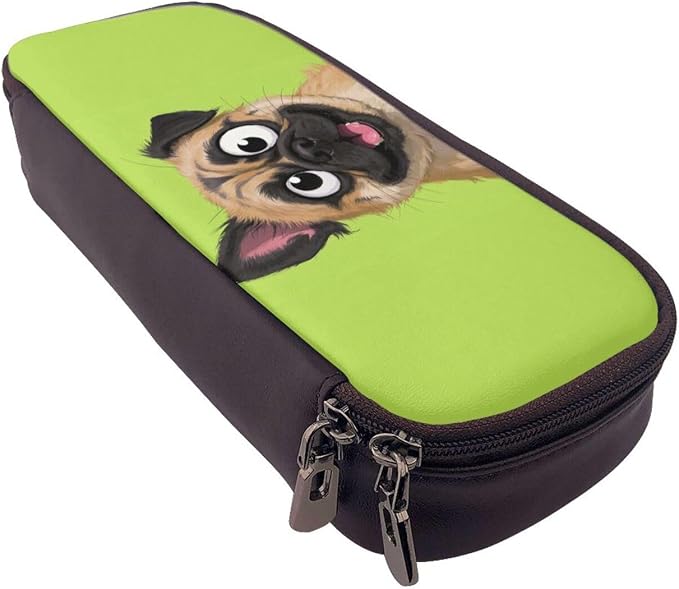 Leather Pen Case with Zipper - Aesthetic Pen Holder Dog funny face animal Pencil Case for Women & Men - Handcrafted Pencil Bag Multi-Functional Travel Cosmetic Case for Work Office Tool Pouch