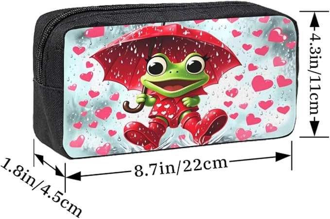 Frog playing in the rain Large Pencil Case, Durable Pen Bag Zipper Organizer Pouch for Office Travel for Women Men