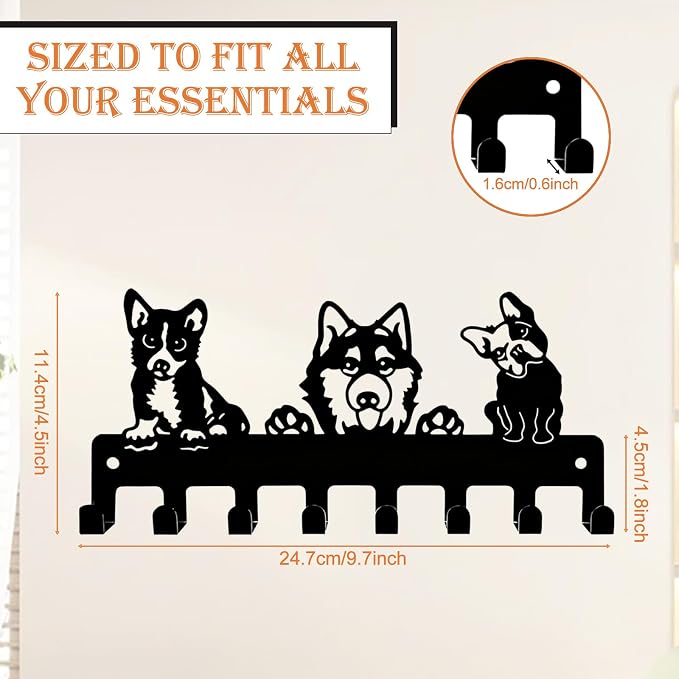 Dog Leash Holder for Wall, 8 Metal Hooks Key Holder Wall Mount, Screw Mounted Pet Leash Organizer for Harnesses Collars Keys Bags, Entryway Mudroom Garage Wall Rack