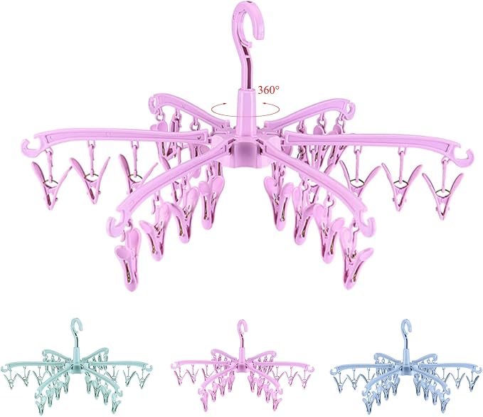 Clothes Sock Drying Hanger with 24 Clips,Foldable Hanging Rack | hanger with 24 clips for drying,drying rack clothing, for Lingerie Baby Clothes Drying Towels laundry hanger(Pink)