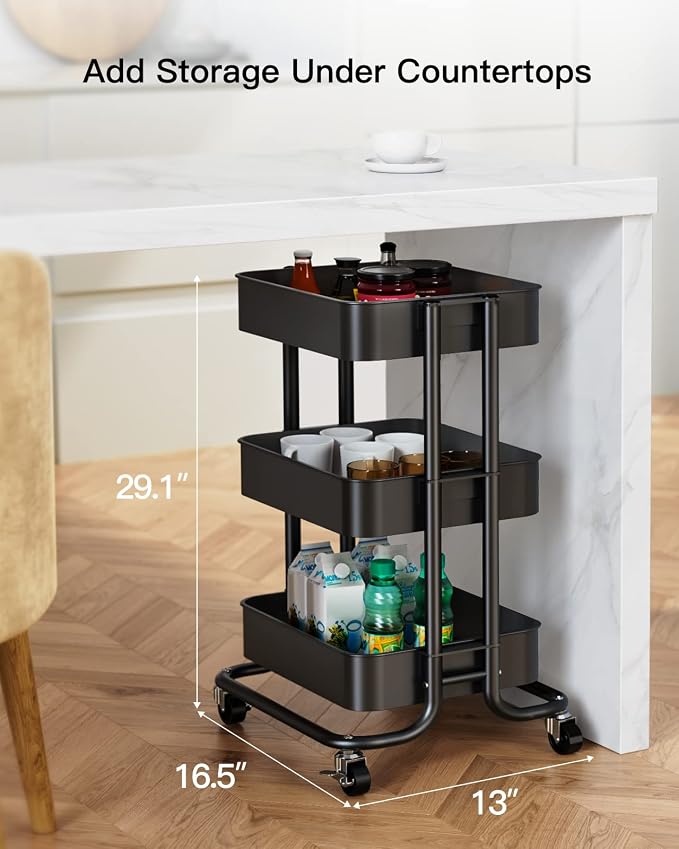 Pipishell 3 Tier Metal Rolling Utility Cart with 2 Lockable Wheels, Black | 360° Rotating Wheel, Heavy-Duty Steel, Sturdy Dual Columns, Ventilated Mesh, Hold 22 lbs per Shelf, for Kitchen & Dining Room