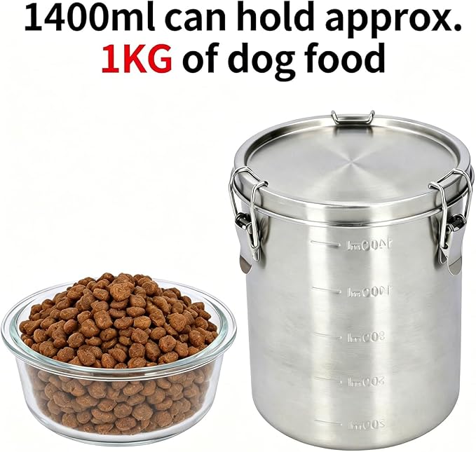 Airtight Small Pet Food Storage Container, Stainless Steel 1400ML | No Spill Freshness Seal Design, Cat Dog Treat Jars Feeding Supplies, Kitchen Pantry Arrangement, Dry Kibble Organization