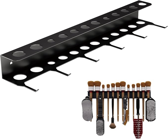 Wall Mount Brush Holder & Tool Hanger Rack for Garage, Detailing Organizer with Mounting Hardware - Holds 12 Brushes + Hooks for Towels & Tools