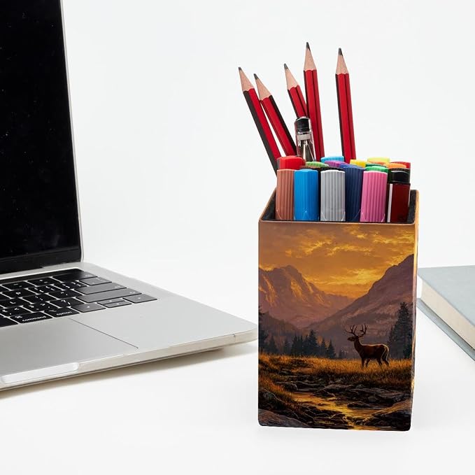 Sunset and Deer Pen Holder for Desk Decor, Rectangular PVC Leather Pencil Cup for Desk Pen Organizer, Makeup Brush Holder for School, Home, Office