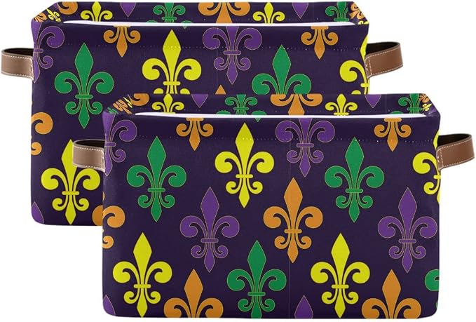 Mardi Gras Fleur de Lis Purple Storage Basket Fabric Laundry Baskets Mask Beads Confetti Feather Accessories Storage Boxes Organizer Bag for Cloth Toy Book Storage Cubes Shelf Closet Bins 16×12×8