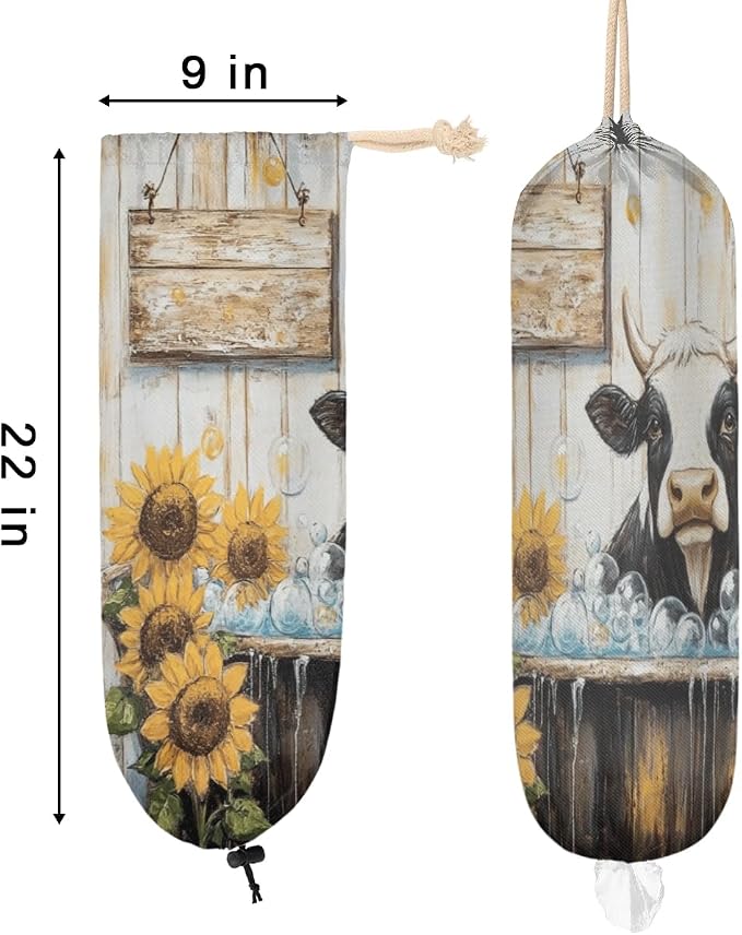 Sunflower Cow Plastic Bag Holder Wooden Board Grocery Bag Storage Dispenser Washable Hanging Shopping Bags Carrier Reusable Wall Mount Trash Bag Organizer for Kitchen Pantry