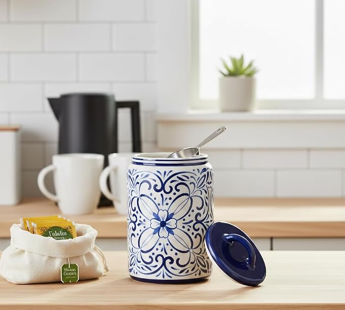 Young's Inc Ceramic Blue and White Talavera Treat Jar with Silcione Seal, 8 Inch Decorative Farmhouse Canister for Kitchen, Countertop, Storage Jar for Cookies, Tea, Sugar, Candy