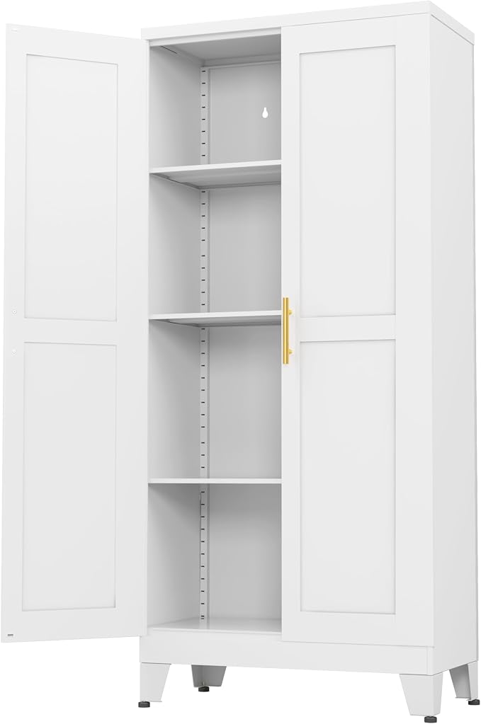 Ckzbx White Metal Cabinets with Doors and Shelves, 61" H Storage Cabinet Pantry Cabinet Garage Cabinets for Kitchen, Living Room, Dinning Room