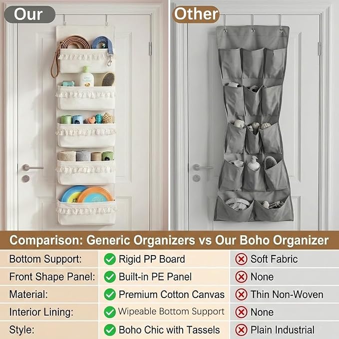 Over The Door Organizer, Pet Supplies Hanging Storage Rack, Beige | Boho Canvas 5-Tier Pocket With Tassels. Features PE Front, Wipeable Bottom & 44lbs Capacity. Ideal For Bathroom & Nursery.