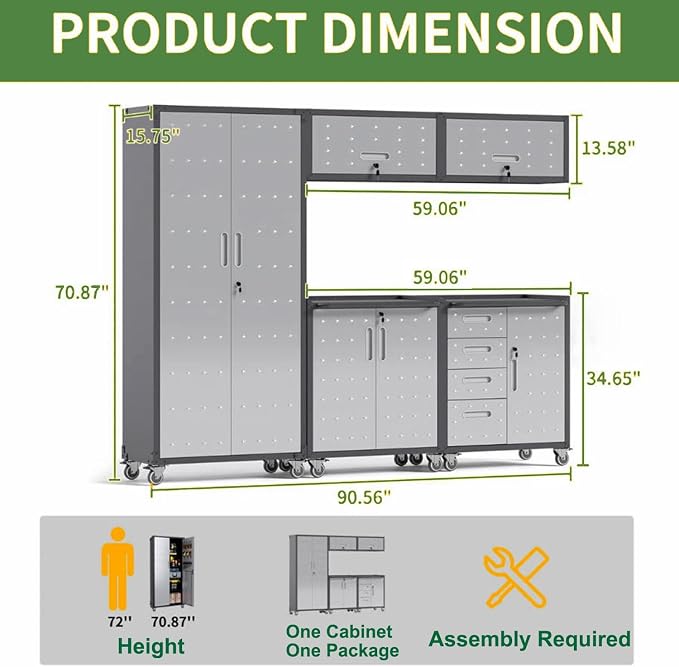 Metal Garage Storage Cabinet System,5 Pcs Workshop Tool Cabinet Set in Gray | Including 2 Pcs Wall Cabinets 3 Pcs Garage Tool Cabinets with Wheels,Assembly Required