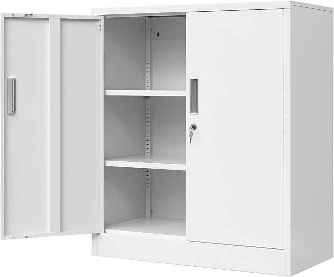 Wanfu Metal Storage Cabinet, 36" H Locking Storage Cabinet with 2 Adjustable Shelves for Garage, Home, Office, Utility Room-White