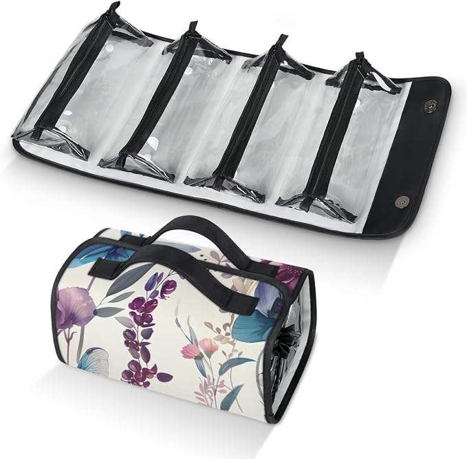 Dragonflies Flower Makeup Bag for Women Hanging Roll-Up Travel Organizer Toiletry Kit with 4 Removable Compartments, Dragonfly Floral