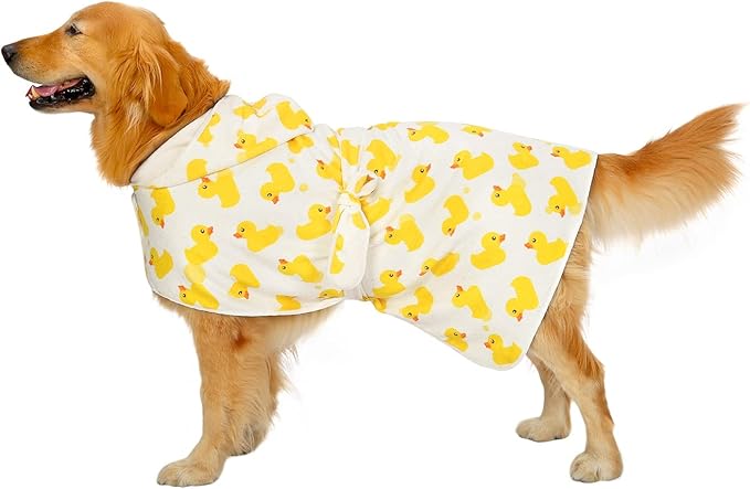 HDE Dog Bathrobe Super Absorbent Quick Drying Puppy Towel Wrap Coat Adjustable After Bath Robes with Hood for Dog Sizes S-XXL White Rubber Ducks XL