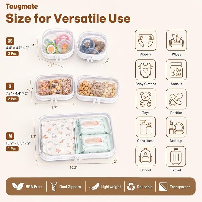 5 Pack Clear Hard Shell Zipper Case for Diaper Bag Organizer | 3 Size Travel Storage Pouch, Waterproof Pacifier Snacks Wipes Box, Cosmetic Makeup Toiletry Holder