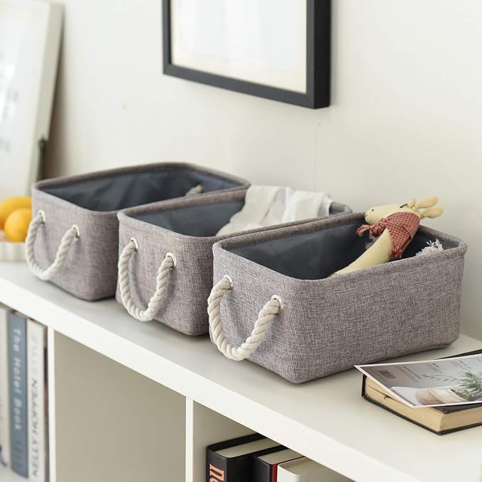 Foldable Small Storage Baskets with Strong Cotton Rope Handles [6-Pack] Gray Collapsible Storage Bins Set Works Room Storage, Nursery Baskets